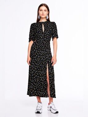 Black Floral Midi Dress with Side Slit